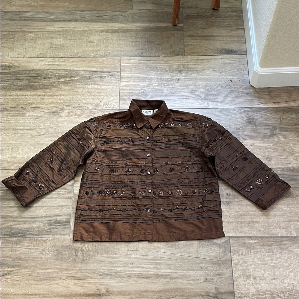 Chico's Top Womens Medium Brown Silk Beaded Embroidered Shirt Jacket Shacket